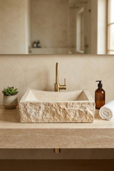 حوض مغسلة حجر طبيعي مستطيل بواجهة خام – 55×48 سم